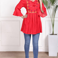 Miramaar Women's Rayon Embroidered Red Top