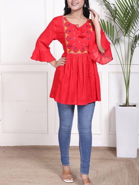 Miramaar Women's Rayon Embroidered Red Top