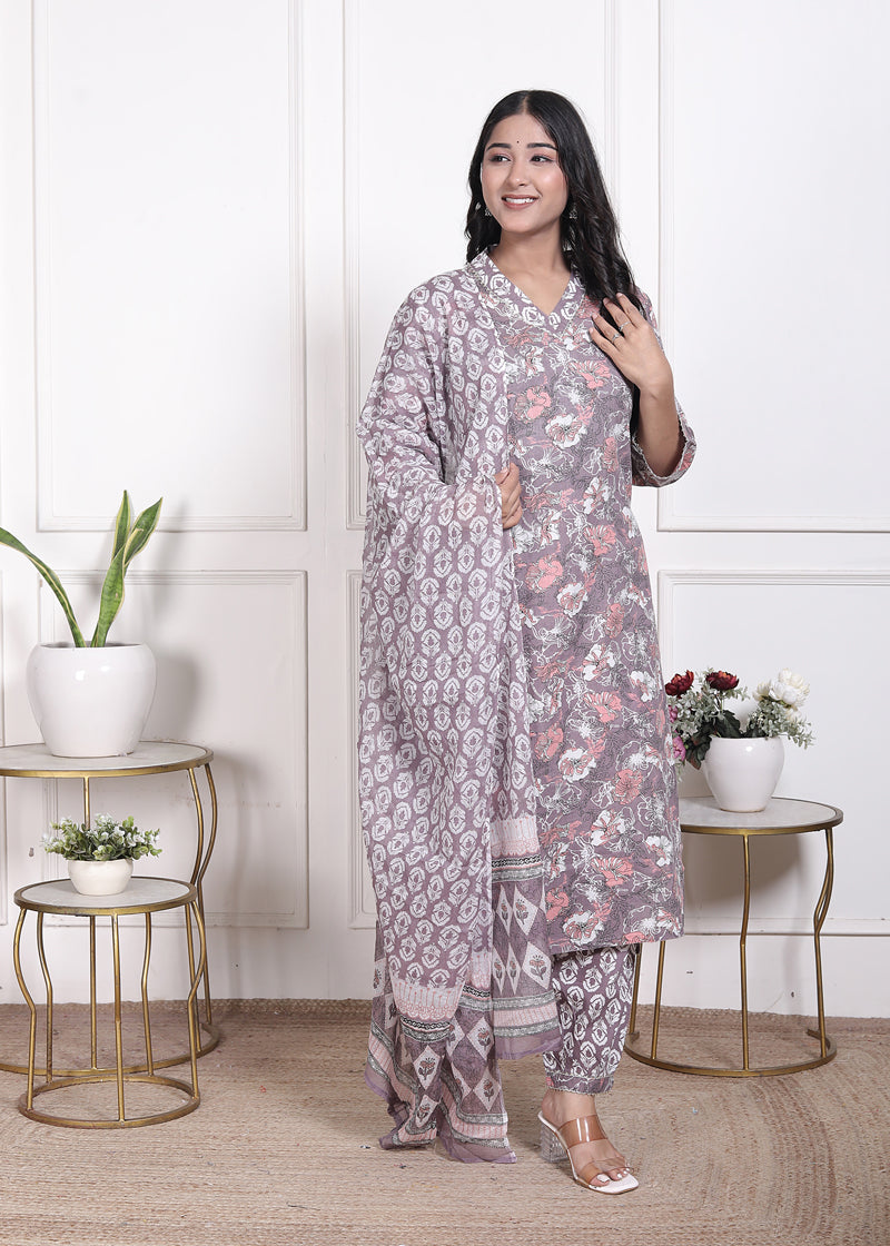 Miramaar Women's Brown Printed Cotton V-Neck Straight Kurta Pant with Dupatta