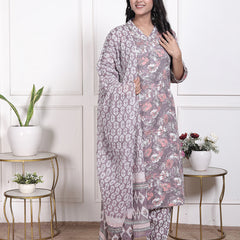 Miramaar Women's Brown Printed Cotton V-Neck Straight Kurta Pant with Dupatta