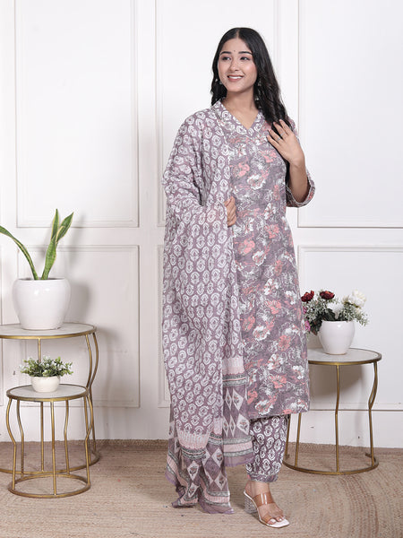 Miramaar Women's Brown Printed Cotton V-Neck Straight Kurta Pant with Dupatta