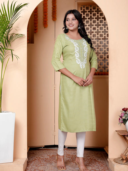 Miramaar Women's Green Linen Straight Embroidered Kurtis
