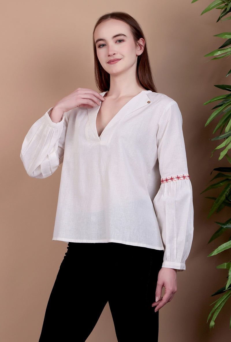 Miramaar Women's Cotton Flex Collared White Solid Embroidered Top