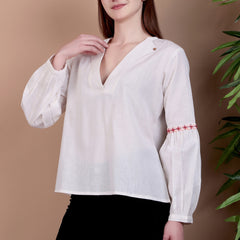 Miramaar Women's Cotton Flex Collared White Solid Embroidered Top