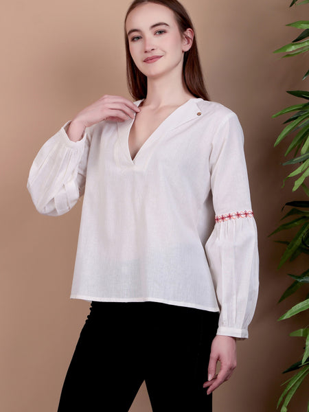 Miramaar Women's Cotton Flex Collared White Solid Embroidered Top