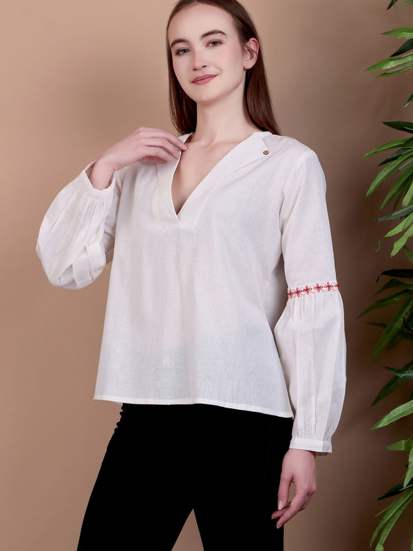 Miramaar Women's Cotton Flex Collared White Solid Embroidered Top