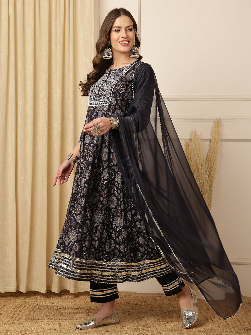 Miramaar Women's Black Foil Printed Rayon Embroidered Anarkali Kurti