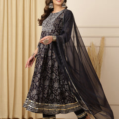 Miramaar Women's Black Foil Printed Rayon Embroidered Anarkali Kurti