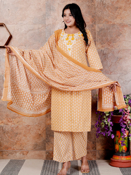 Miramaar Women's Mustard Cotton Straight Neck Embroidered Kurta Set with Dupatta