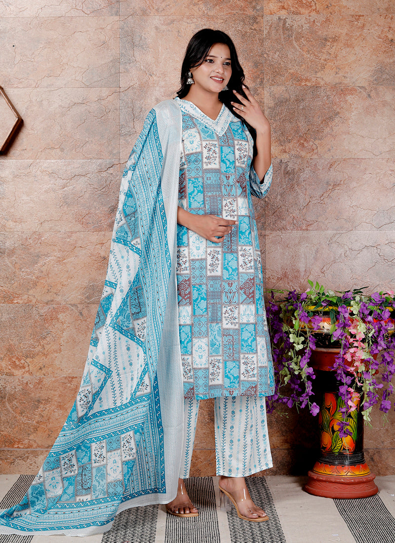 Miramaar Women's Blue Cotton Adda Work Straight Kurta Dupatta Set