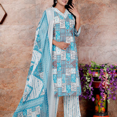 Miramaar Women's Blue Cotton Adda Work Straight Kurta Dupatta Set