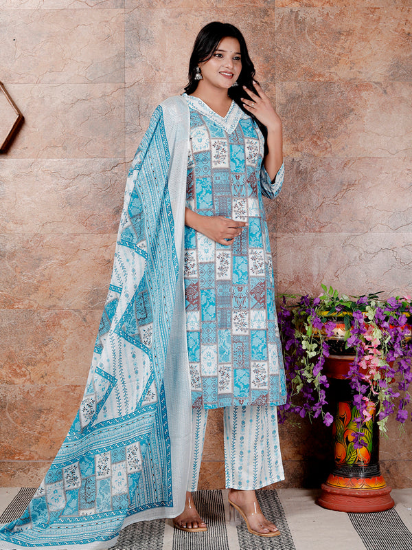 Miramaar Women's Blue Cotton Adda Work Straight Kurta Dupatta Set