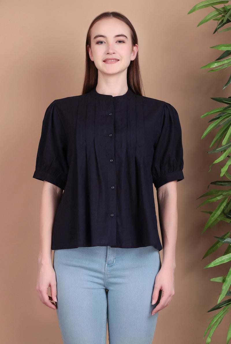 Miramaar Women's Cotton Flex Solid Blue Pintex Top