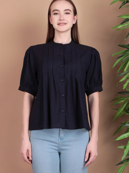 Miramaar Women's Cotton Flex Solid Blue Pintex Top