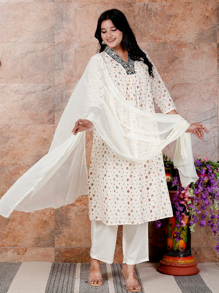 Miramaar Women's Off White Printed Cotton Straight Kurta Pant with Dupatta
