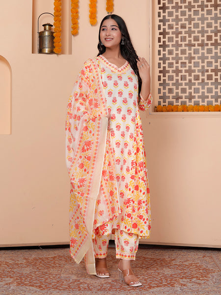 Miramaar Women's Yellow Printed Rayon Anarkali Adda Work Kurta Set