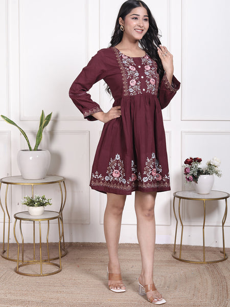 Miramaar Women's Cotton Maroon Embroidered Tunics