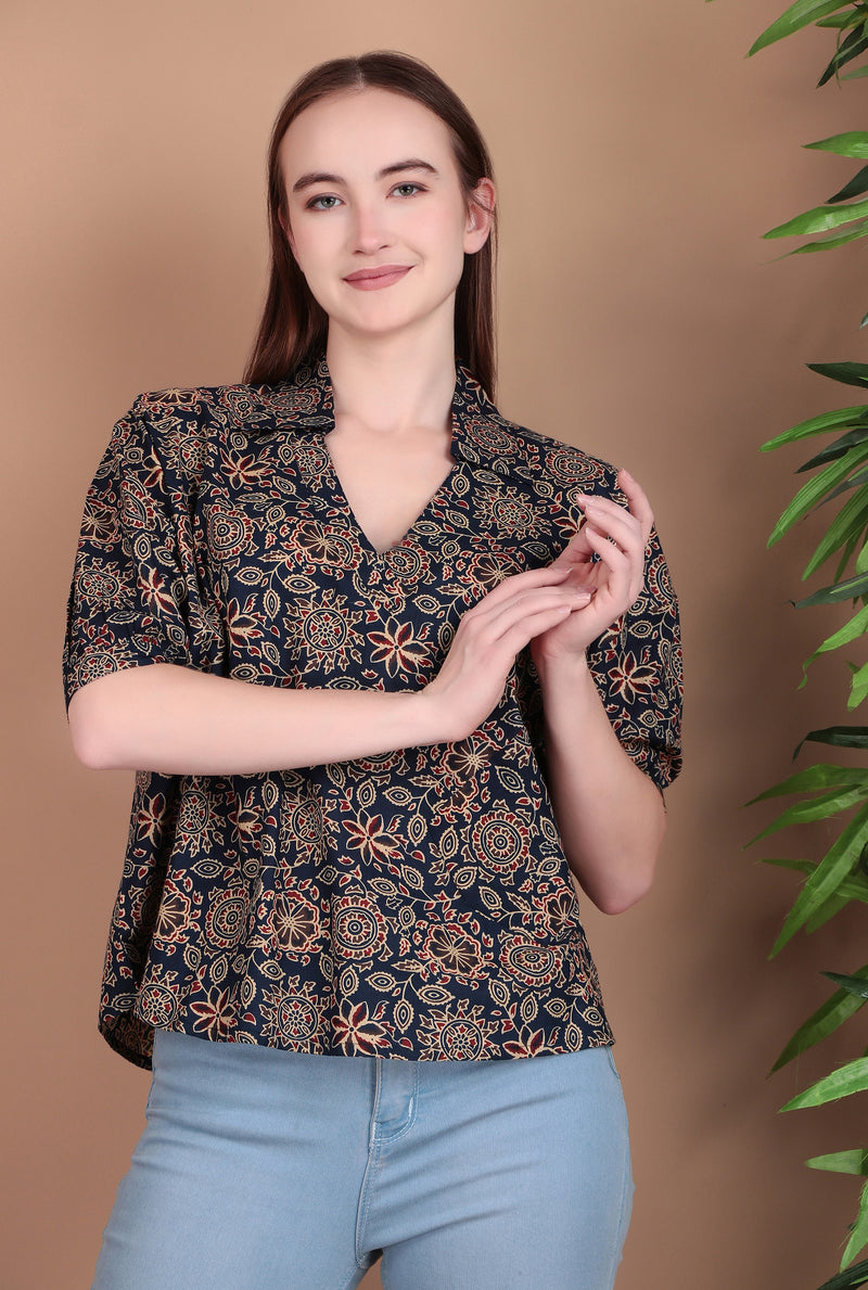 Miramaar Women's Cotton Printed Blue Regular Top