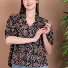 Miramaar Women's Cotton Printed Blue Regular Top