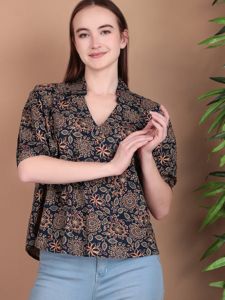 Miramaar Women's Cotton Printed Blue Regular Top