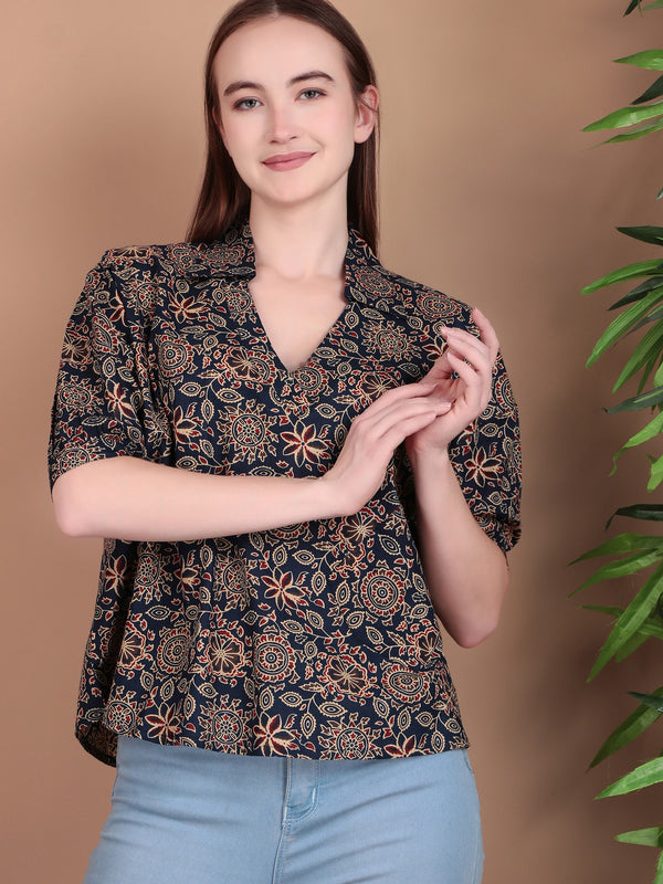 Miramaar Women's Cotton Printed Blue Regular Top