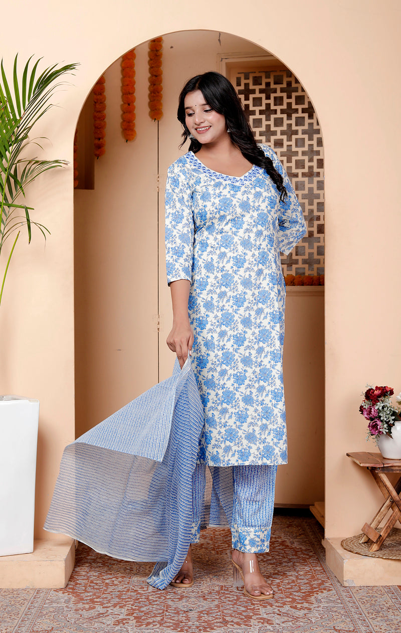 Miramaar Women's Beige & Blue Embroidered Kurta Pant with Dupatta