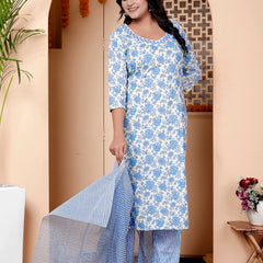 Miramaar Women's Beige & Blue Embroidered Kurta Pant with Dupatta