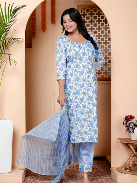 Miramaar Women's Beige & Blue Embroidered Kurta Pant with Dupatta