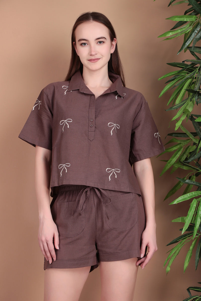 Miramaar Women's Brown Cotton Flex Top & Shorts Co-ord Set