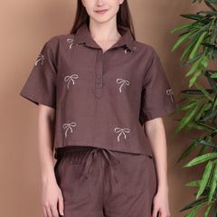 Miramaar Women's Brown Cotton Flex Top & Shorts Co-ord Set