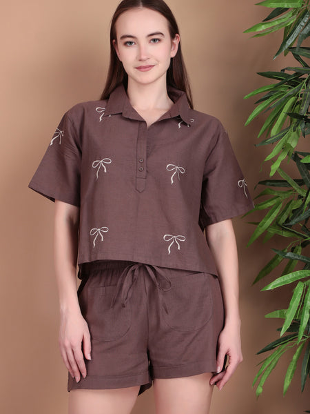 Miramaar Women's Brown Cotton Flex Top & Shorts Co-ord Set