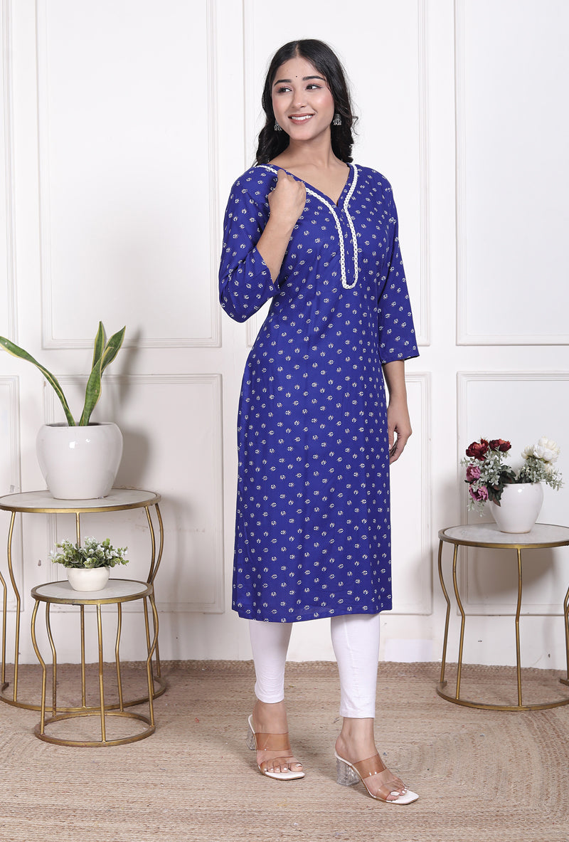 Miramaar Women's Blue Rayon Embroidered Kurtis