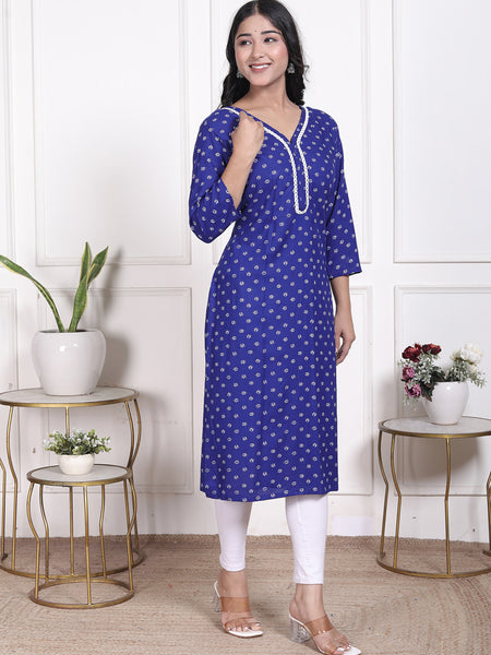 Miramaar Women's Blue Rayon Embroidered Kurtis