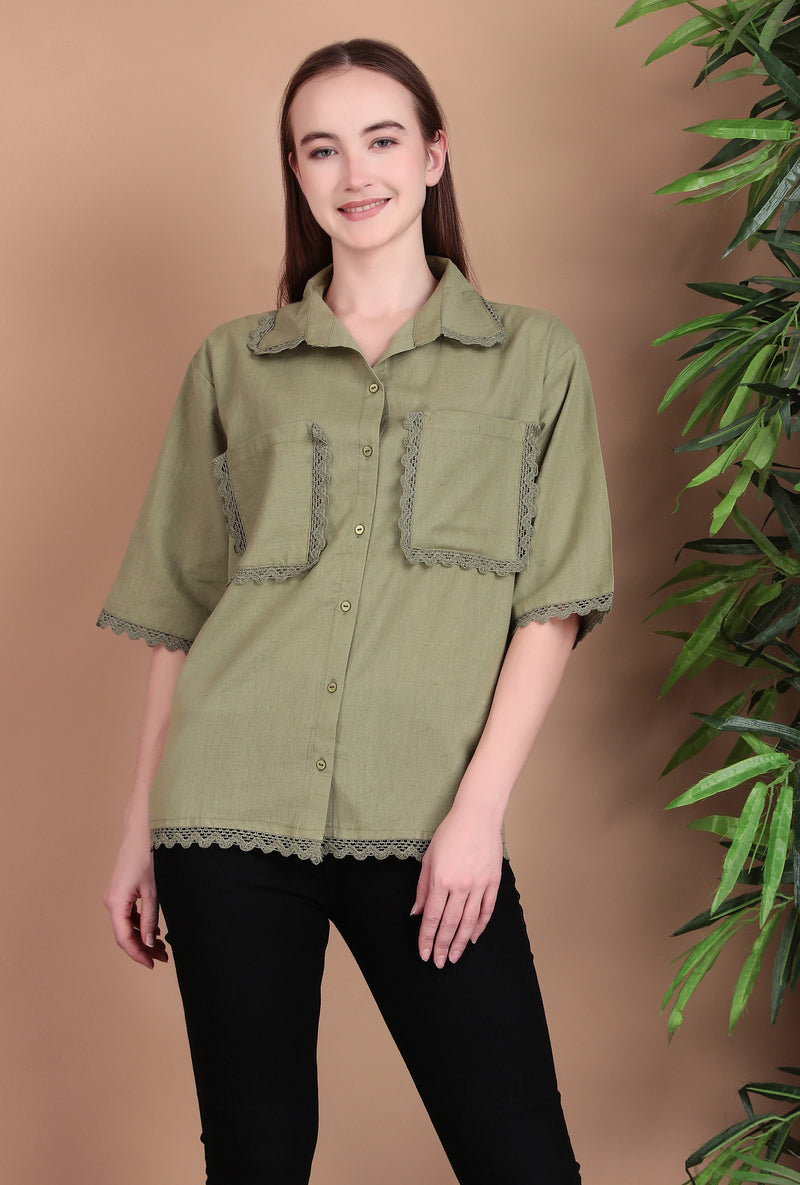 Miramaar Women's Cotton Flex Spread Collar Olive Green Solid Lace Work Top