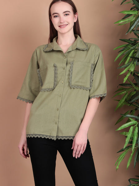 Miramaar Women's Cotton Flex Spread Collar Olive Green Solid Lace Work Top