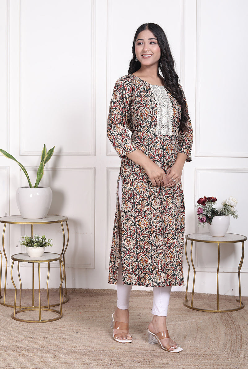 Miramaar Women's Green Lace Work Round Neck Straight Rayon Kurti