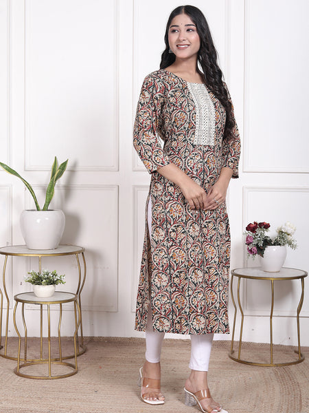 Miramaar Women's Green Lace Work Round Neck Straight Rayon Kurti