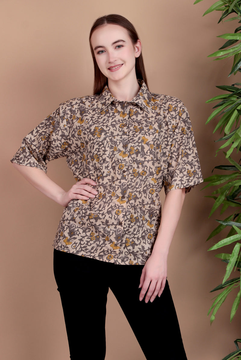 Miramaar Women's Cotton Spread Collar Brown Printed Top