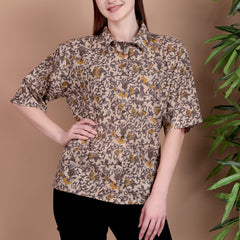 Miramaar Women's Cotton Spread Collar Brown Printed Top