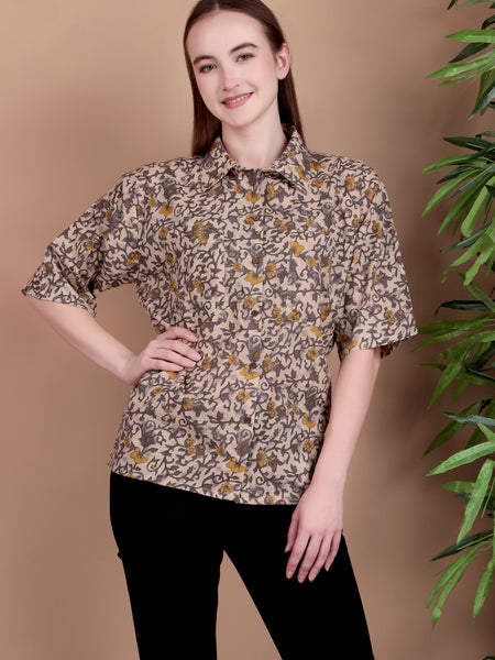 Miramaar Women's Cotton Spread Collar Brown Printed Top