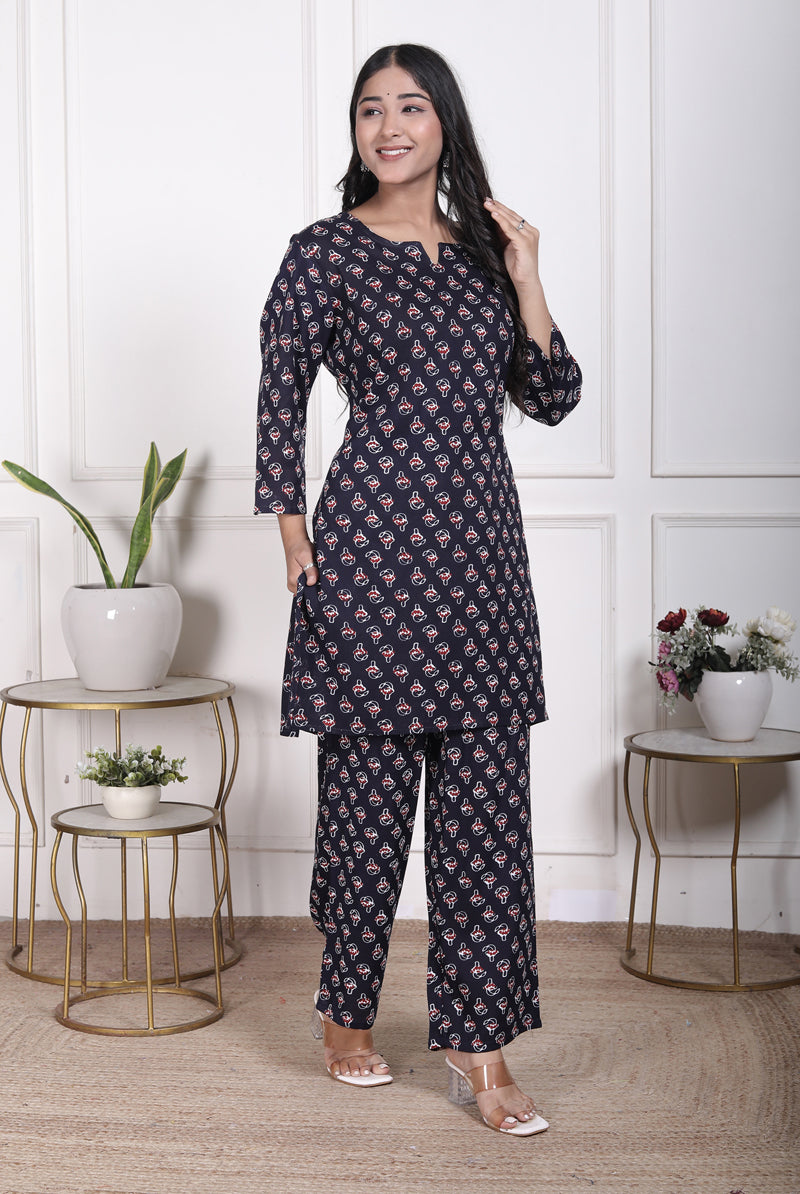 Miramaar Women's Navy Blue Printed Rayon Coord Set