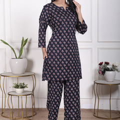 Miramaar Women's Navy Blue Printed Rayon Coord Set