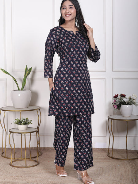 Miramaar Women's Navy Blue Printed Rayon Coord Set