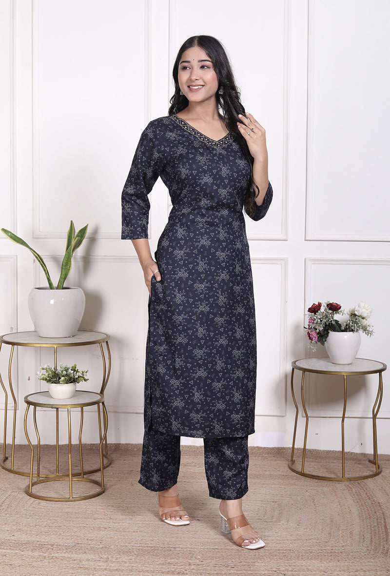 Miramaar Women's Black Cotton Poly Straight Kurta Set with Dupatta & Adda Work