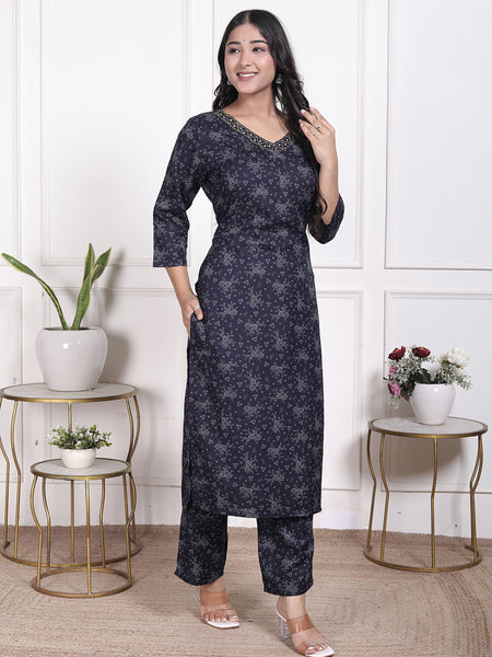 Miramaar Women's Black Cotton Poly Straight Kurta Set with Dupatta & Adda Work