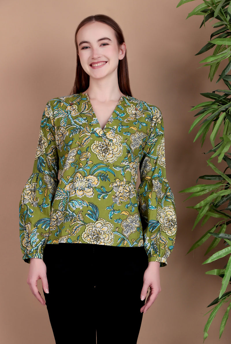 Miramaar Women's Cotton V-Neck Green Printed Top