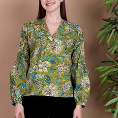 Miramaar Women's Cotton V-Neck Green Printed Top