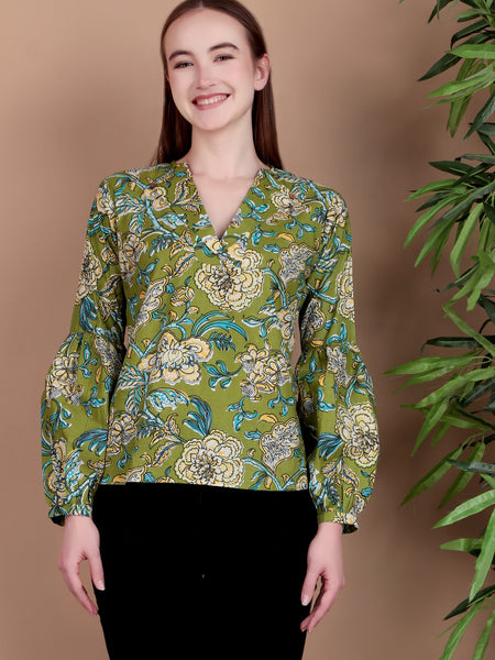 Miramaar Women's Cotton V-Neck Green Printed Top