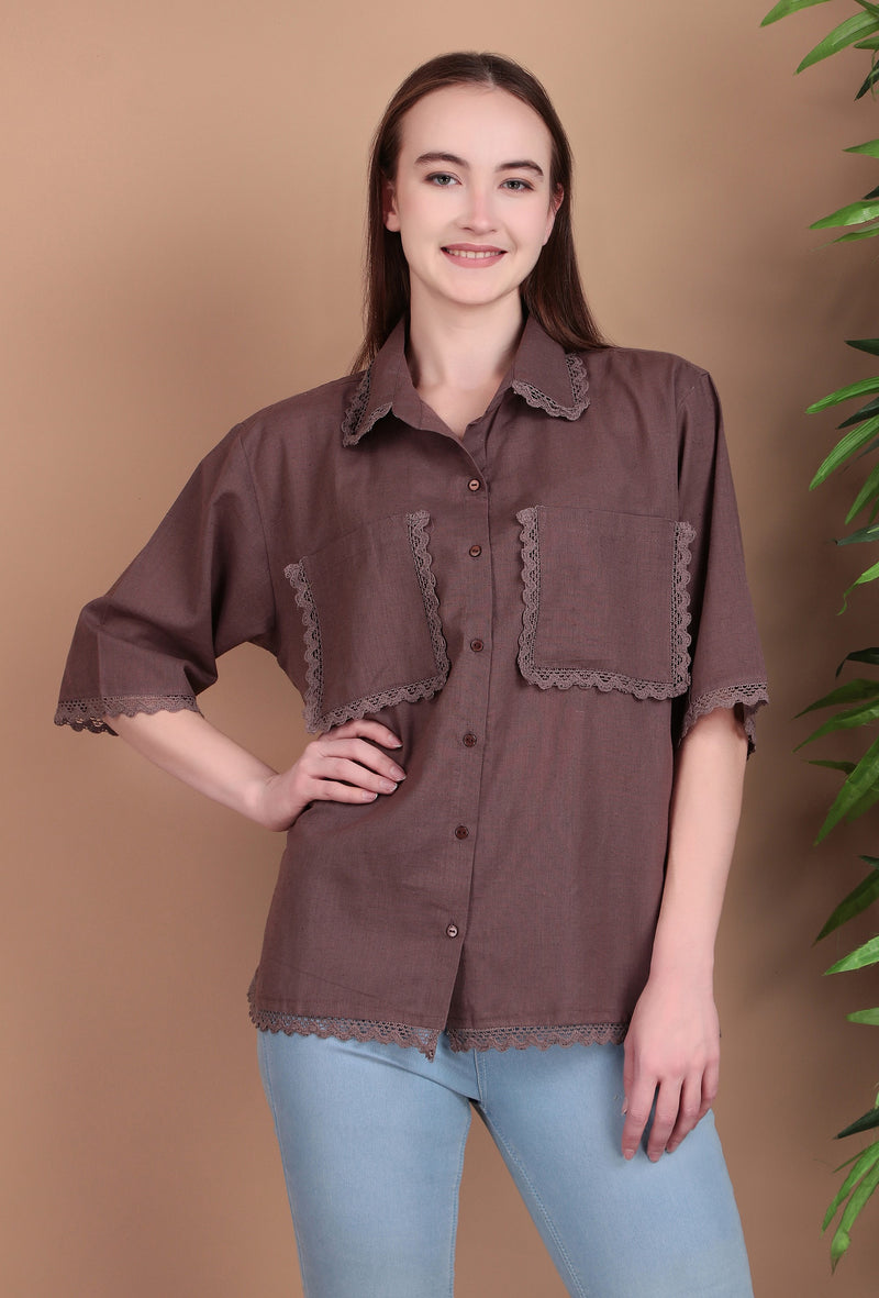 Miramaar Women's Cotton Flex Spread Collar Brown Solid Lace Work Top