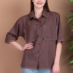 Miramaar Women's Cotton Flex Spread Collar Brown Solid Lace Work Top